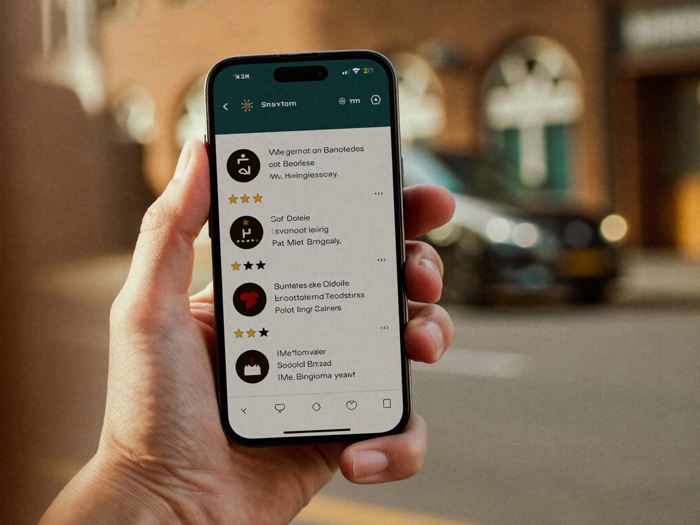 A phone showing an active Google Business Profile with reviews