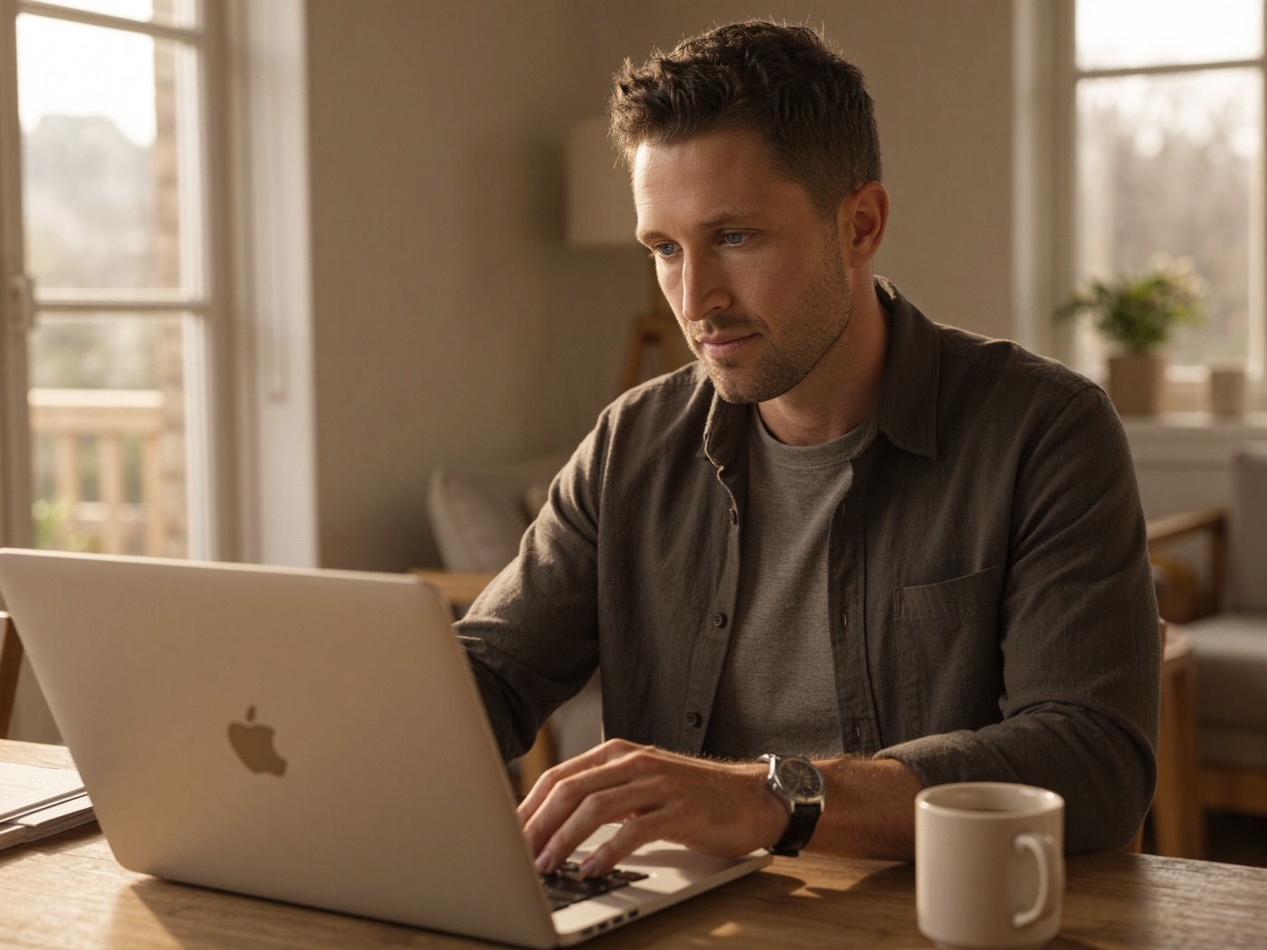 A local tradesperson at his kitchen table looking at his new website on a laptop