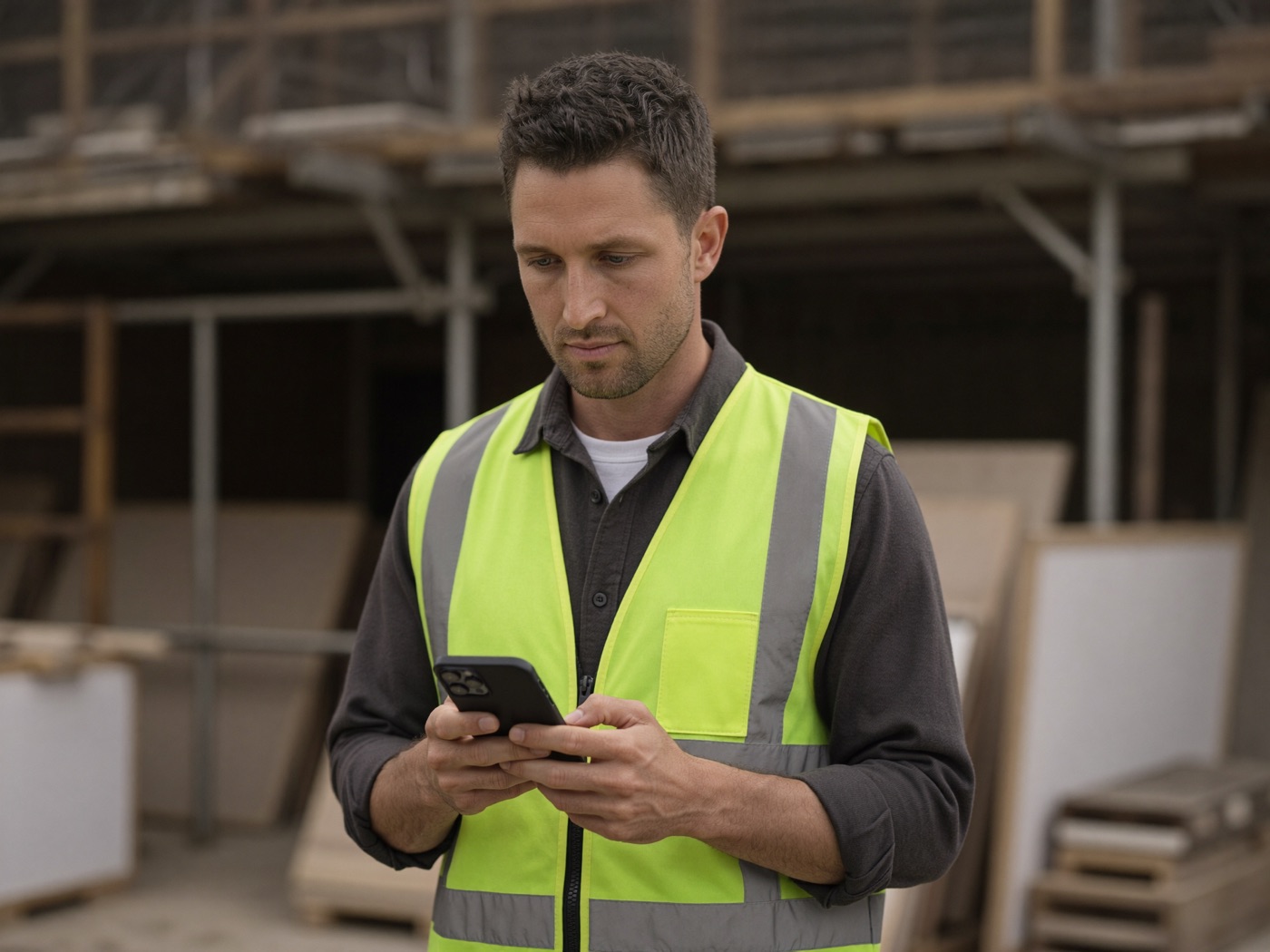 A tradesperson in a hi vis vest checking his phone on a building site