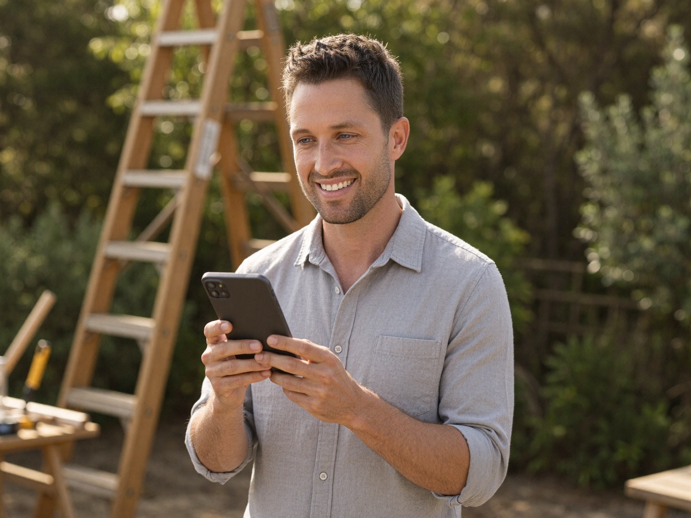 A tradesperson on a job site smiling at an enquiry on his phone