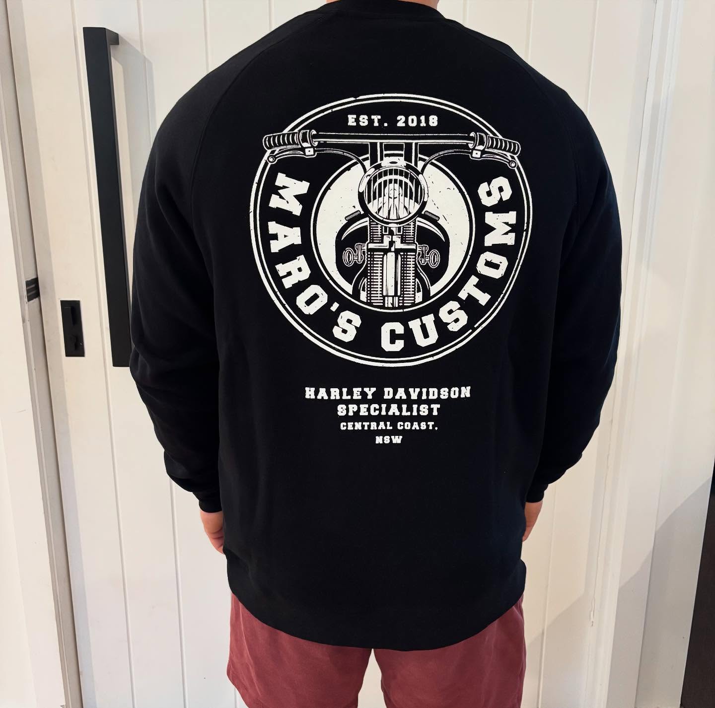 Maro's Customs branded sweatshirt — custom screen print by Workwear and Print Supplier